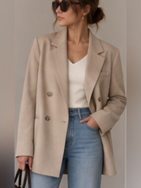 NWOT Anthropologie Maeve Oversized Double Breasted Beige Blazer Jacket Size 10